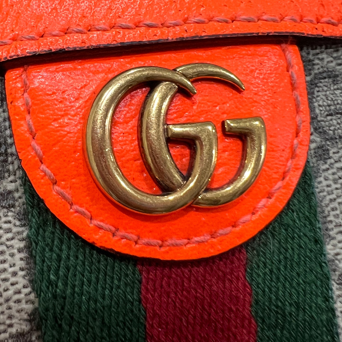 GUCCI GG Supreme Monogram Textured Dollar Calfskin Web Ophidia Wristlet Shoulder Bag Beige Ebony Orange