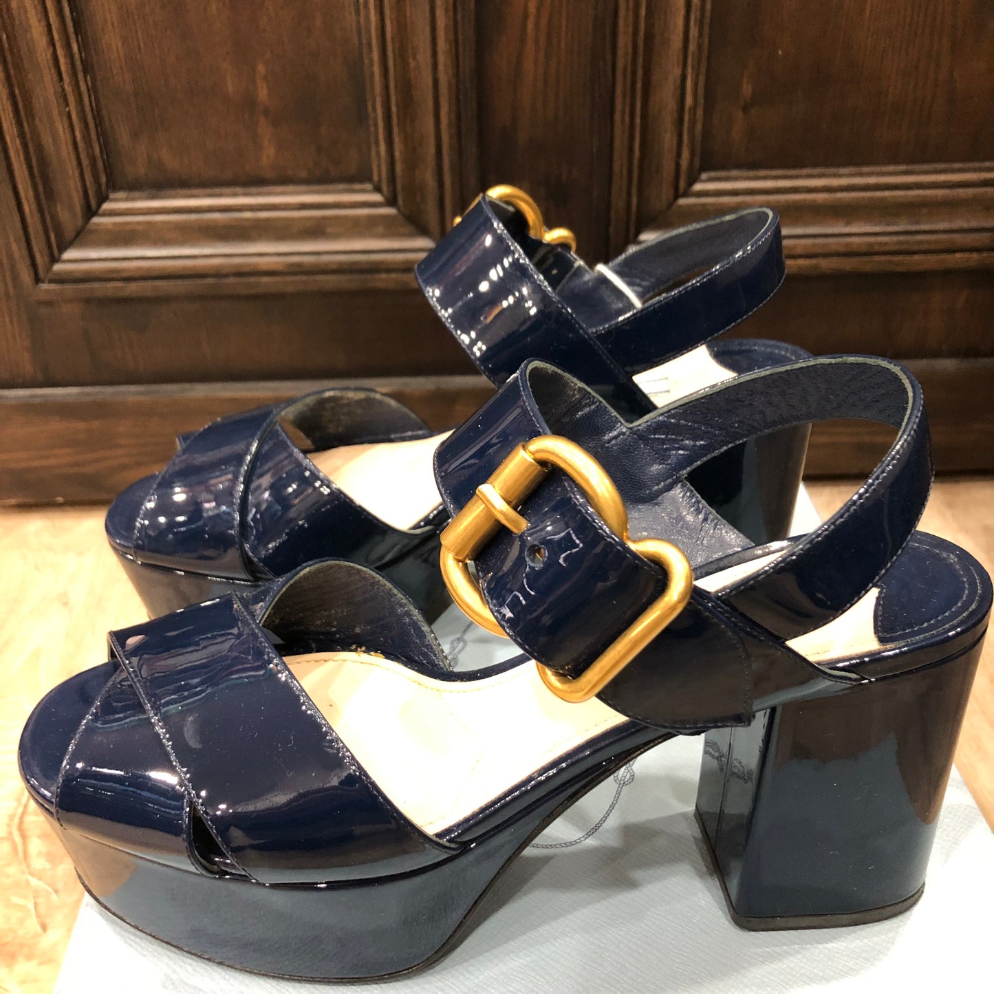 PRADA Crisscross Navy Blue Patent Leather Platform Sandals Size 38