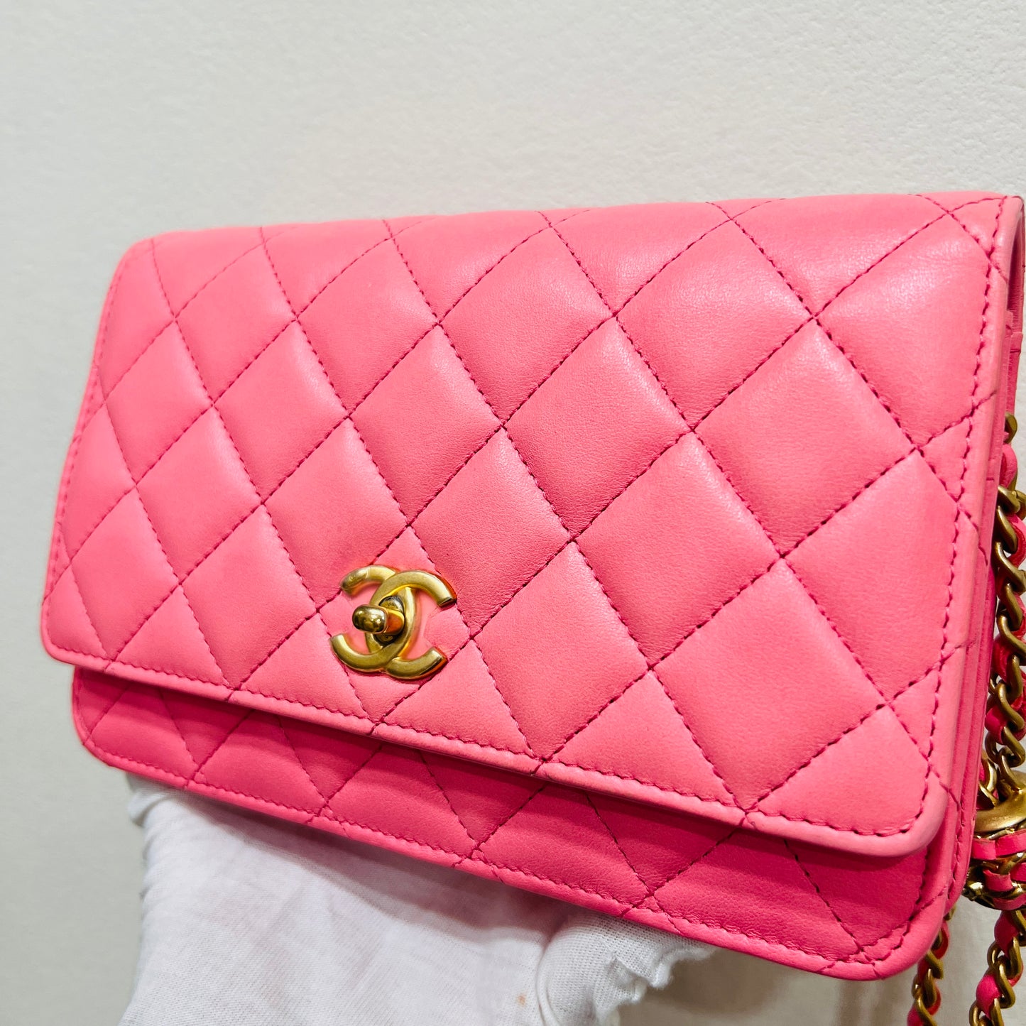 Chanel Pink Lambskin Leather Chain Wallet Crossbody