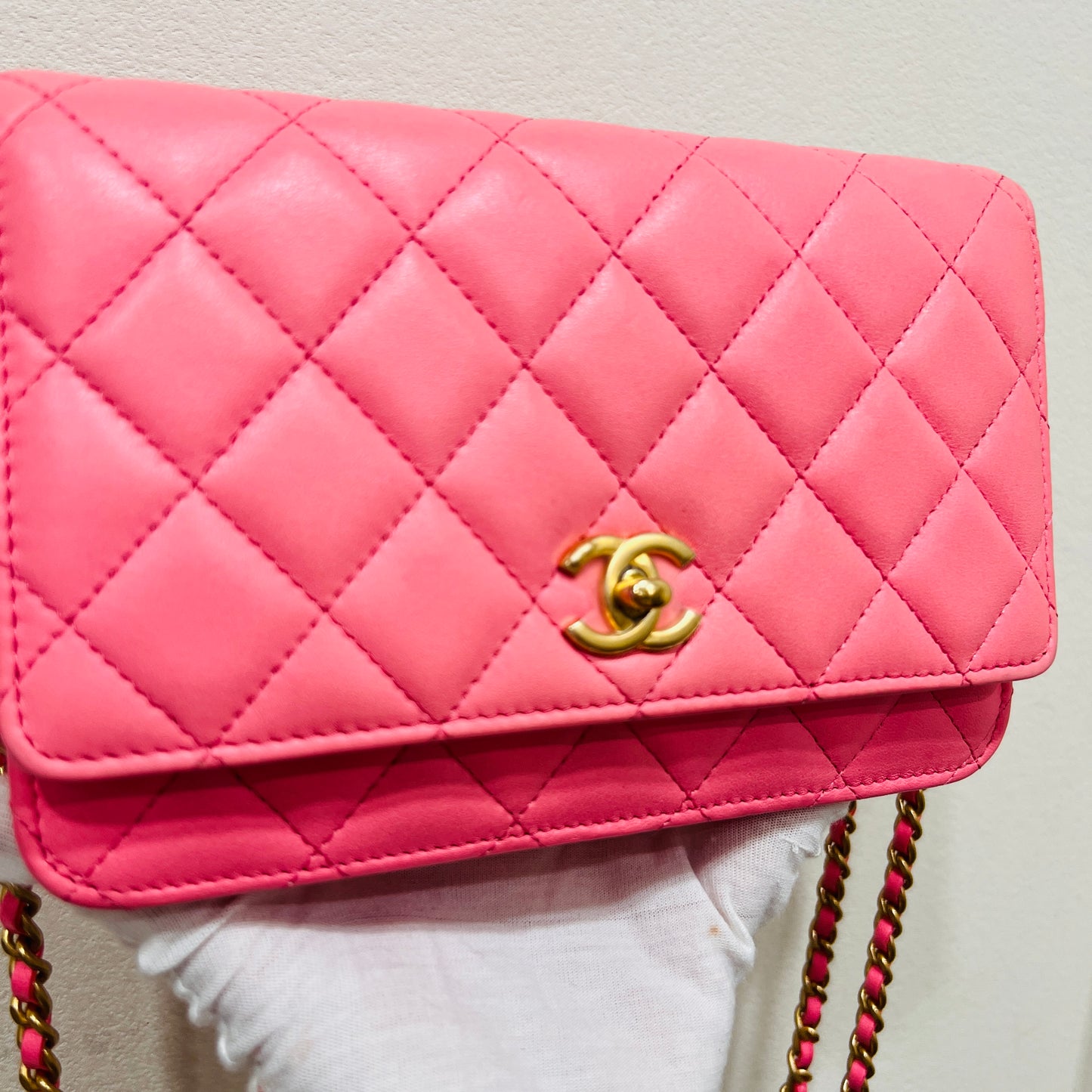 Chanel Pink Lambskin Leather Chain Wallet Crossbody