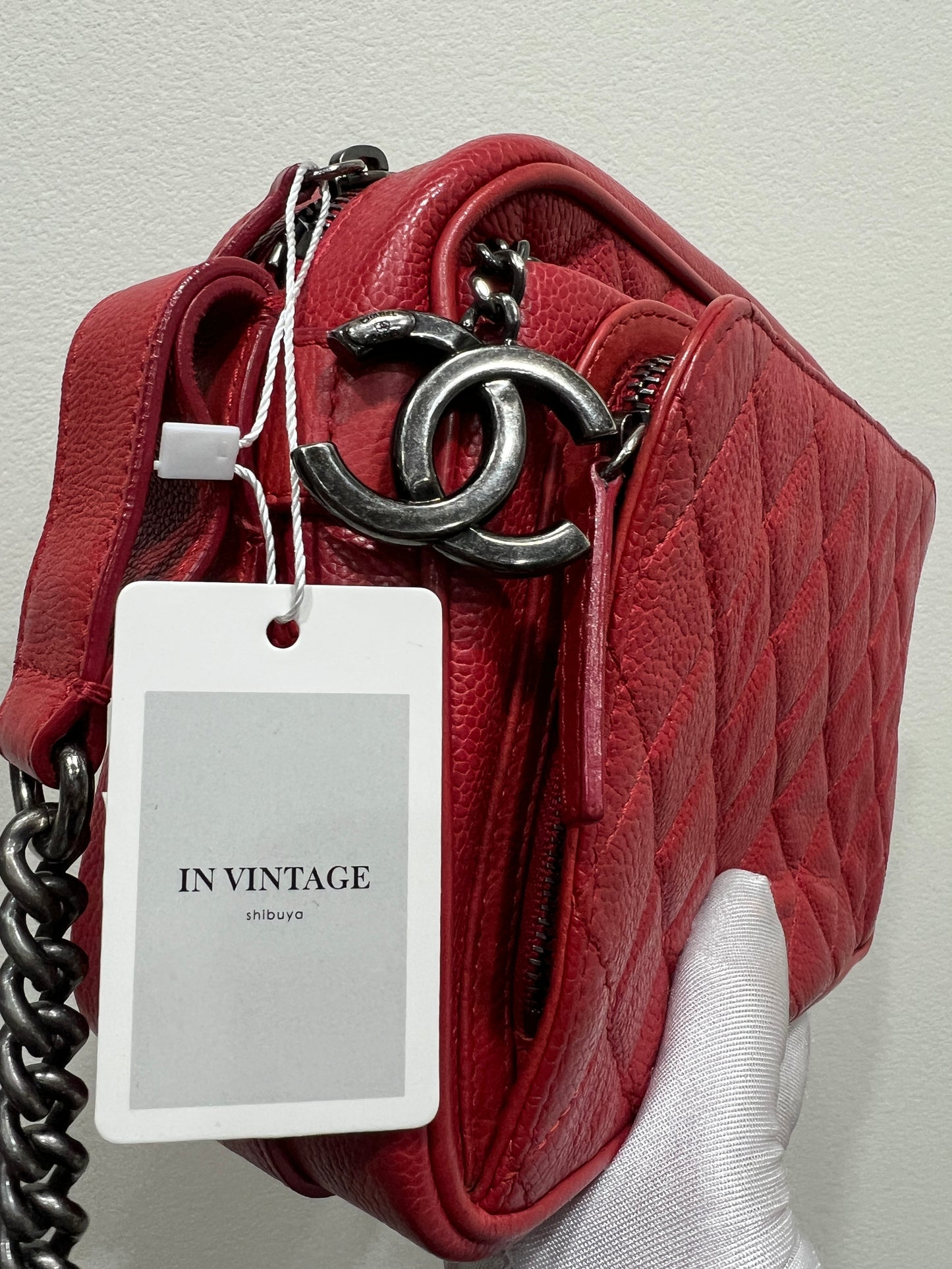 CHANEL Red Caviar Leather Camera Chain Bag