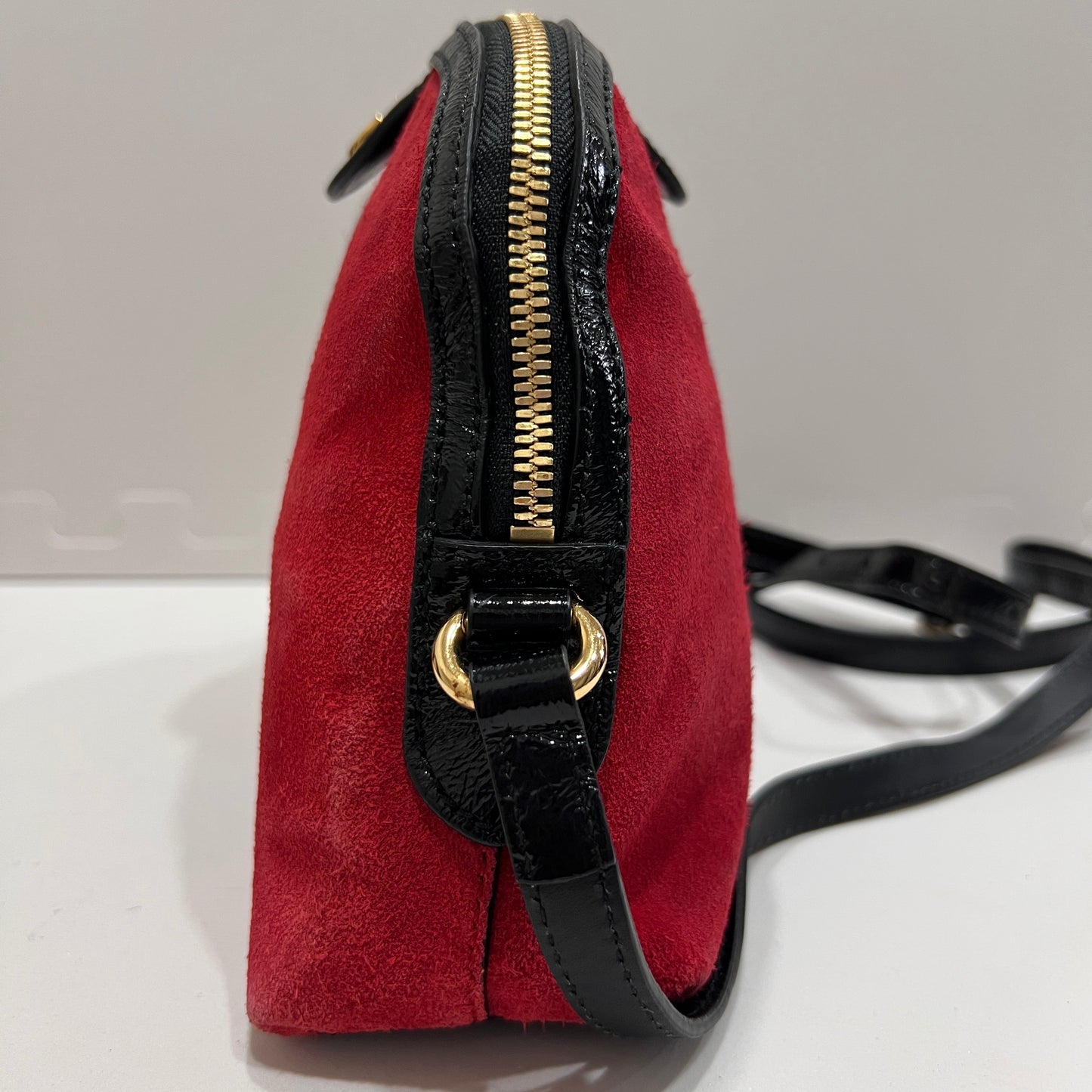 GUCCI Ophidia GG Suede Half-Moon Shoulder Bag RED