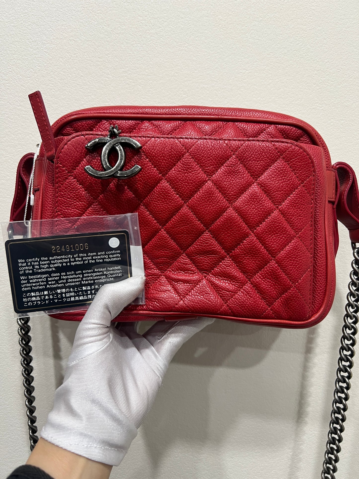 CHANEL Red Caviar Leather Camera Chain Bag