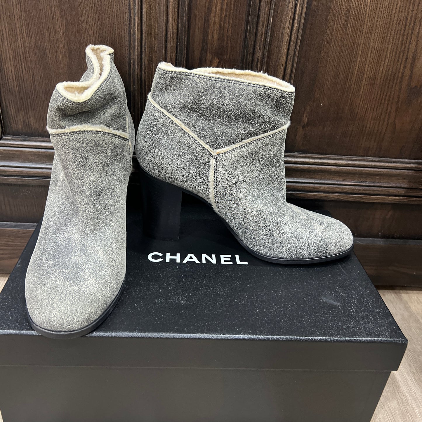 CHANEL Suade Calf Skin CC Ankle Boots Grey Leather Size 38