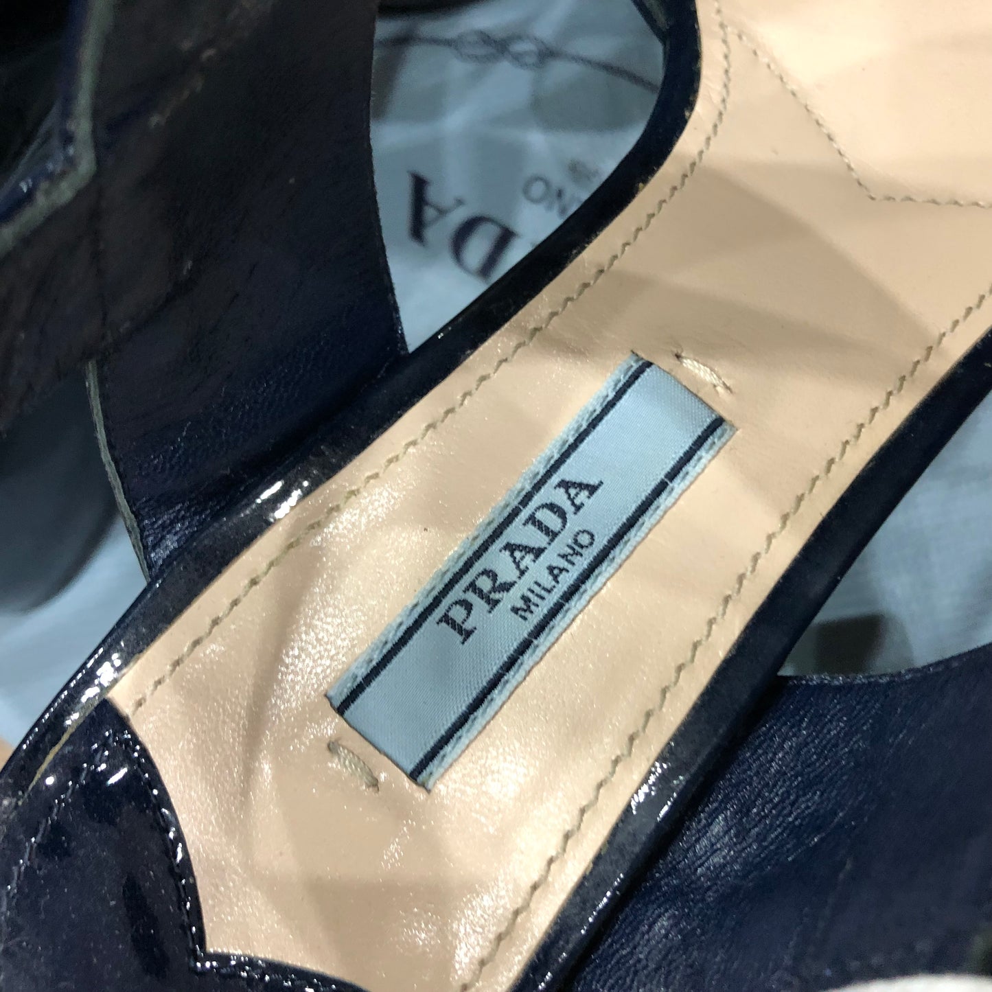 PRADA Crisscross Navy Blue Patent Leather Platform Sandals Size 38