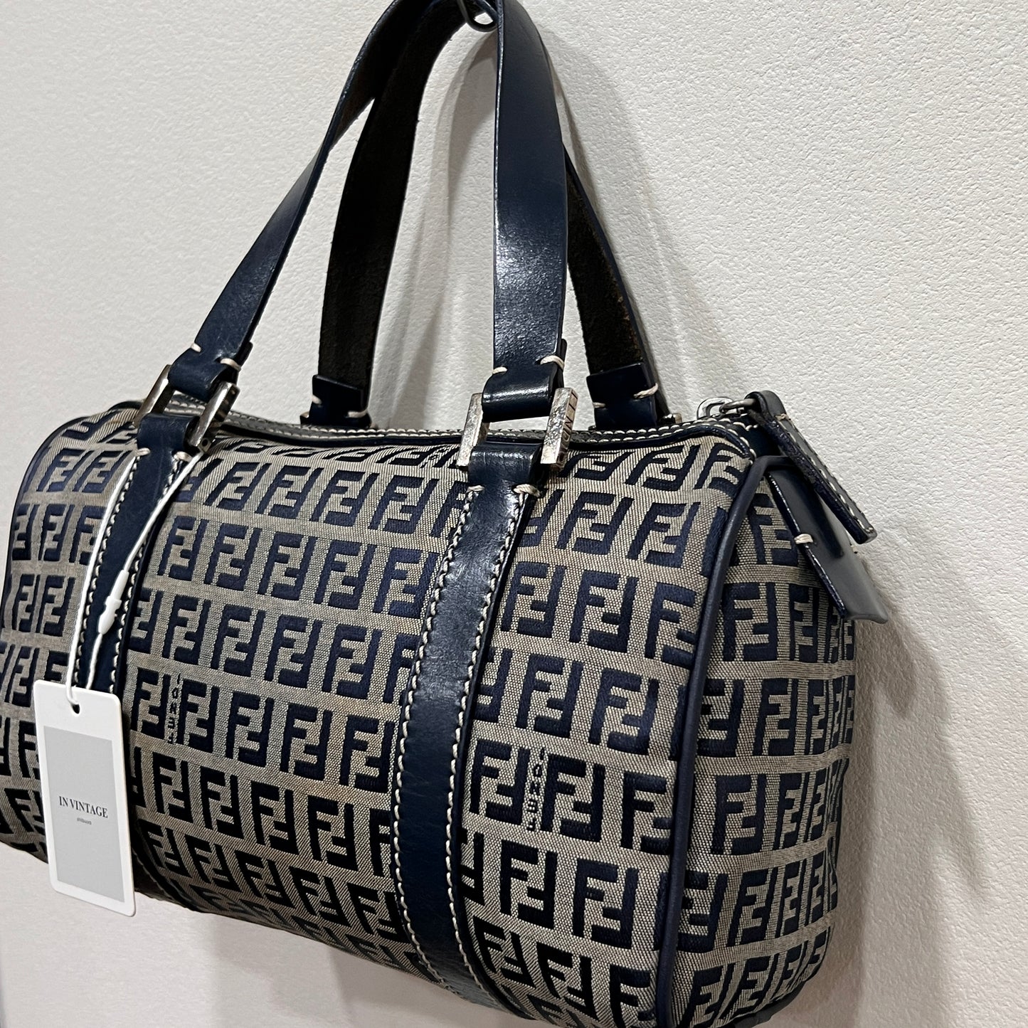 FENDI Zuccino Navy Blue Silver Hardware Handbag 25cm