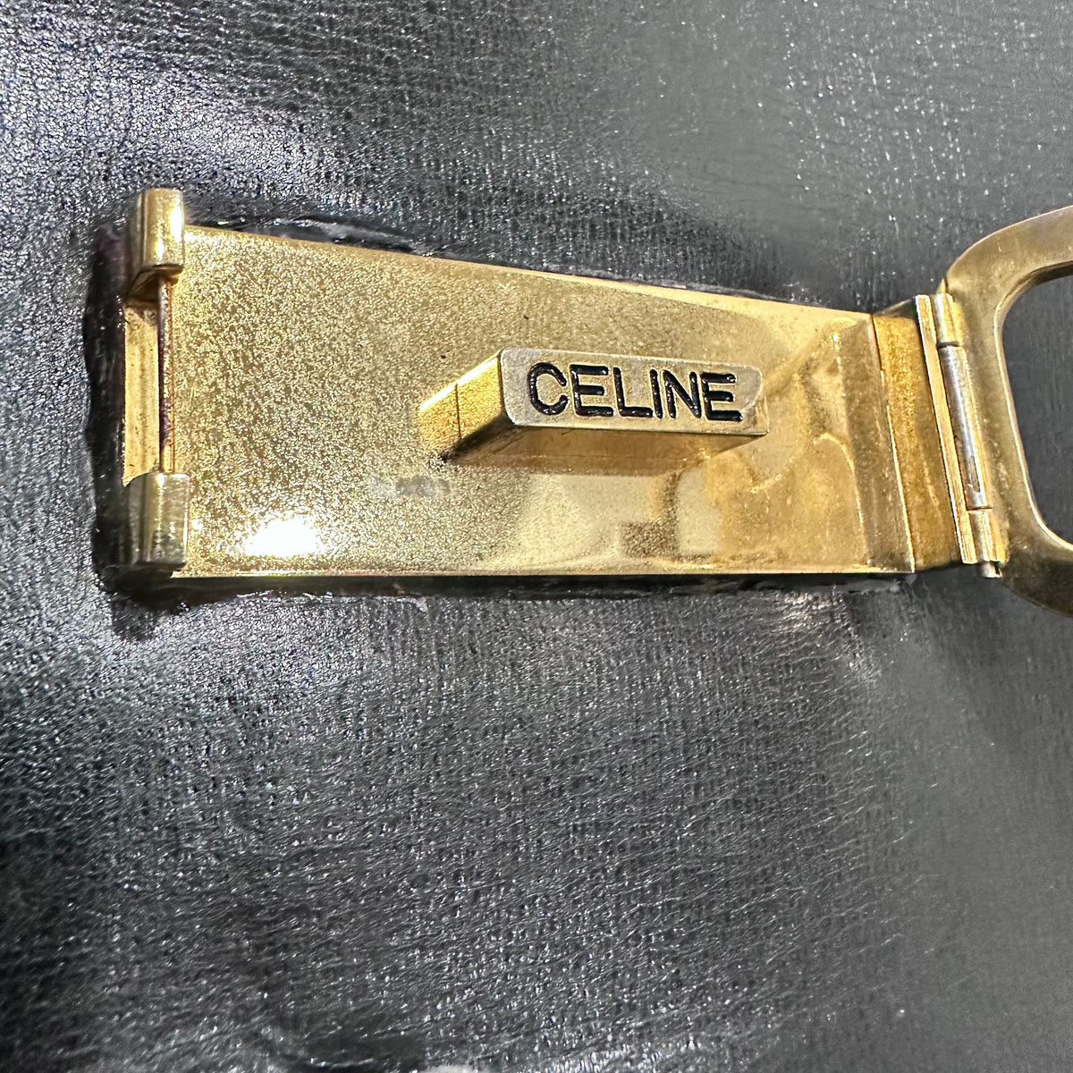CELINE  Vintage Celine Horse Carriage Buckle Shoulder Bag in Dark leather with a Signature Gold-and-Silver Tone Sulky Horse-and-Carriage Front Clasp