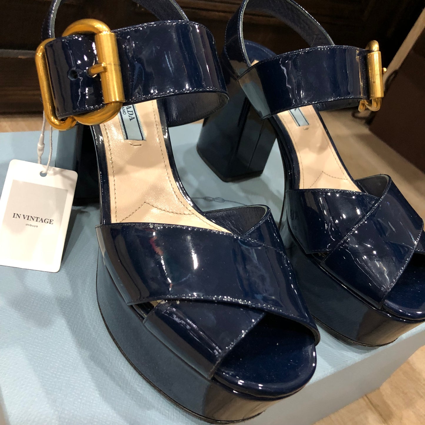 PRADA Crisscross Navy Blue Patent Leather Platform Sandals Size 38