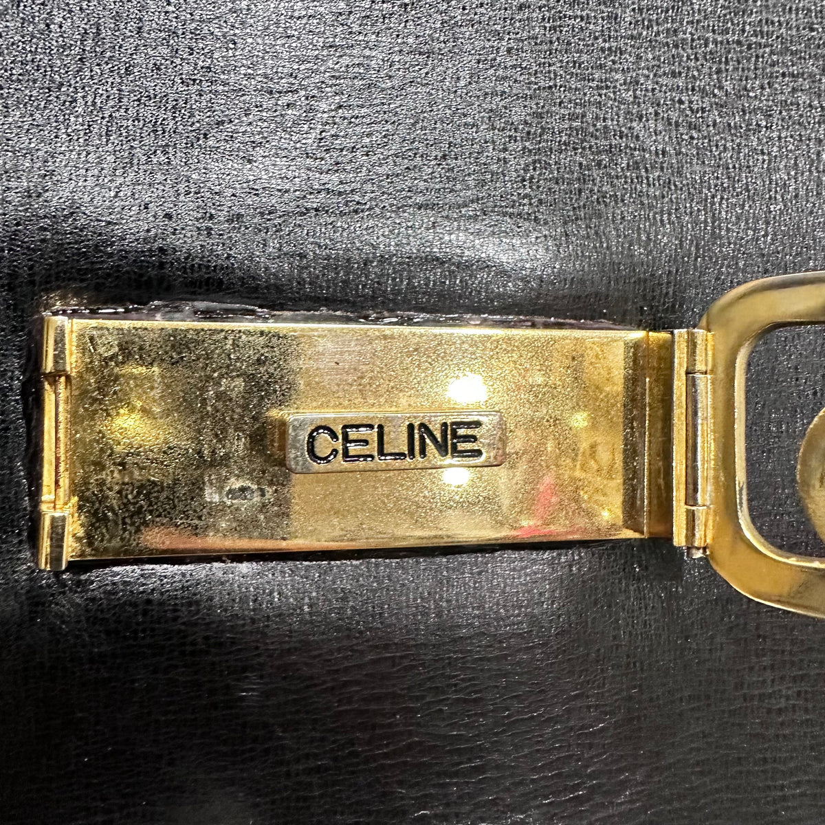 CELINE  Vintage Celine Horse Carriage Buckle Shoulder Bag in Dark leather with a Signature Gold-and-Silver Tone Sulky Horse-and-Carriage Front Clasp