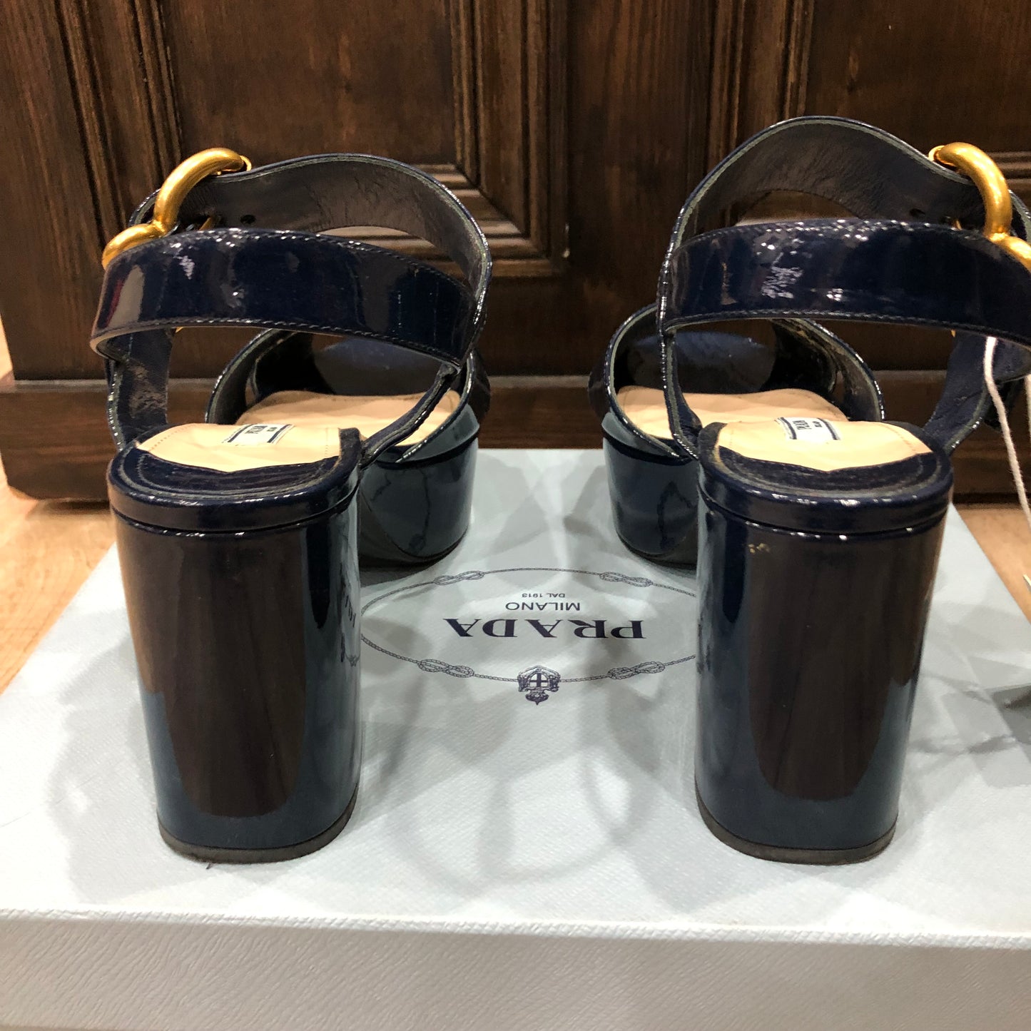 PRADA Crisscross Navy Blue Patent Leather Platform Sandals Size 38