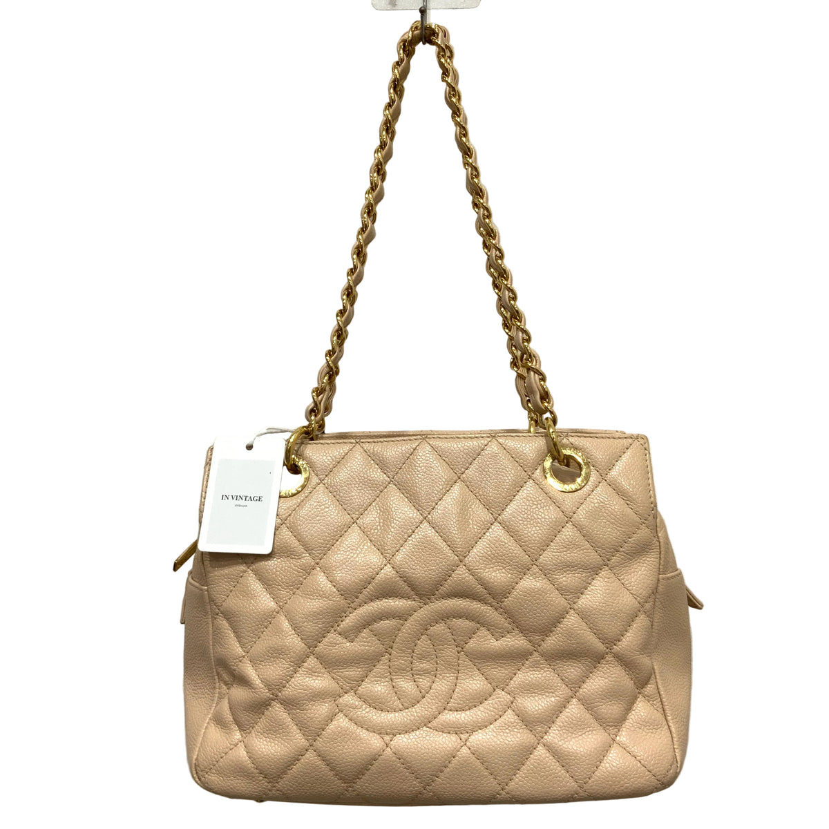 CHANEL Beige Petite Timeless Tote Quilted Caviar Leather