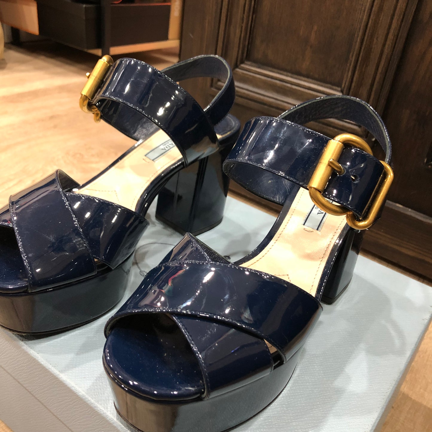 PRADA Crisscross Navy Blue Patent Leather Platform Sandals Size 38