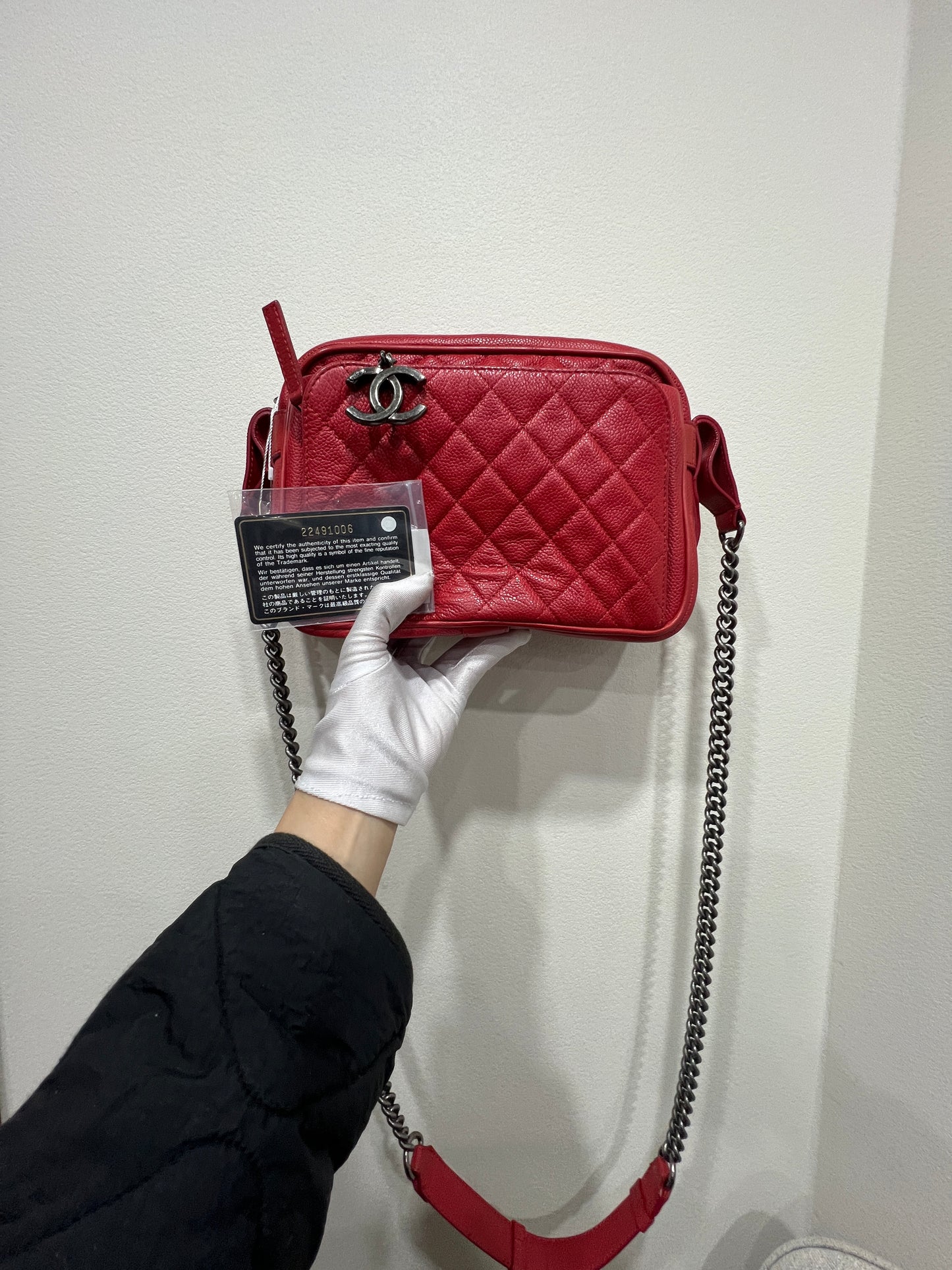 CHANEL Red Caviar Leather Camera Chain Bag
