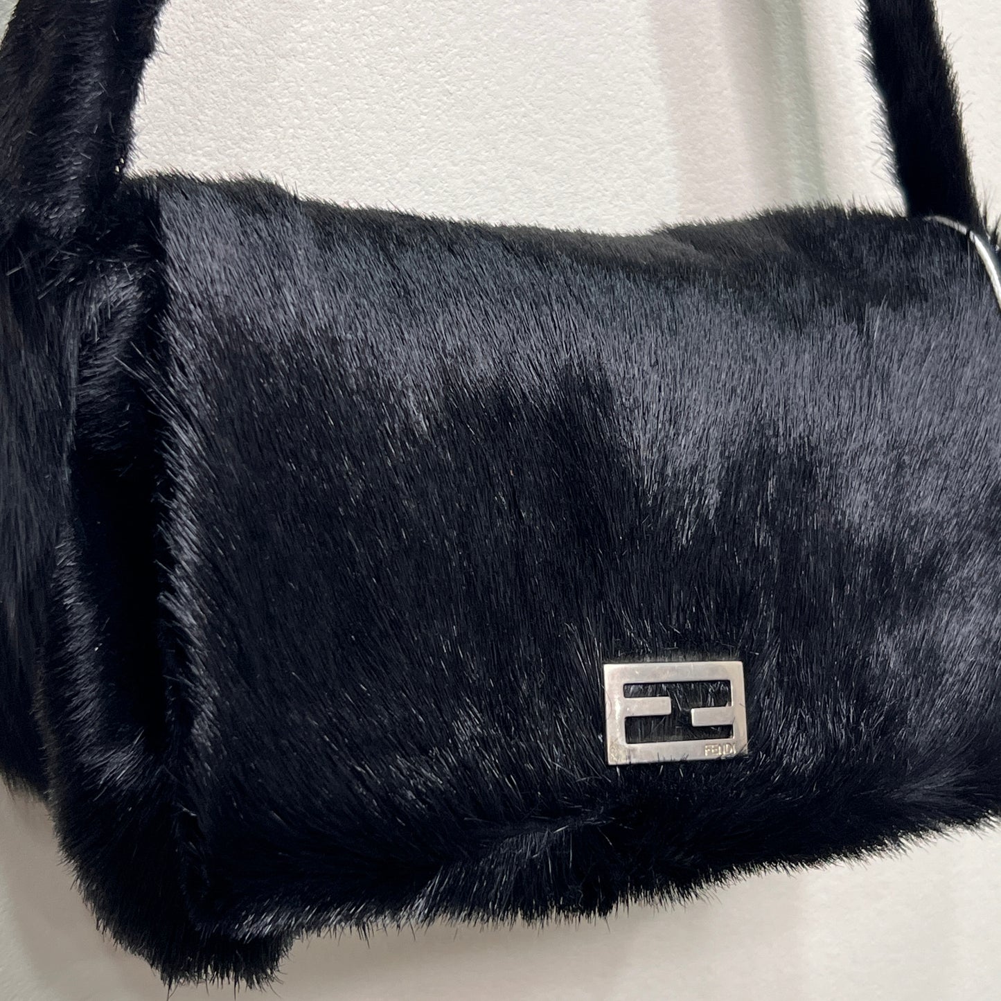 FENDI Baguette Black Faux Fur Shoulder Bag