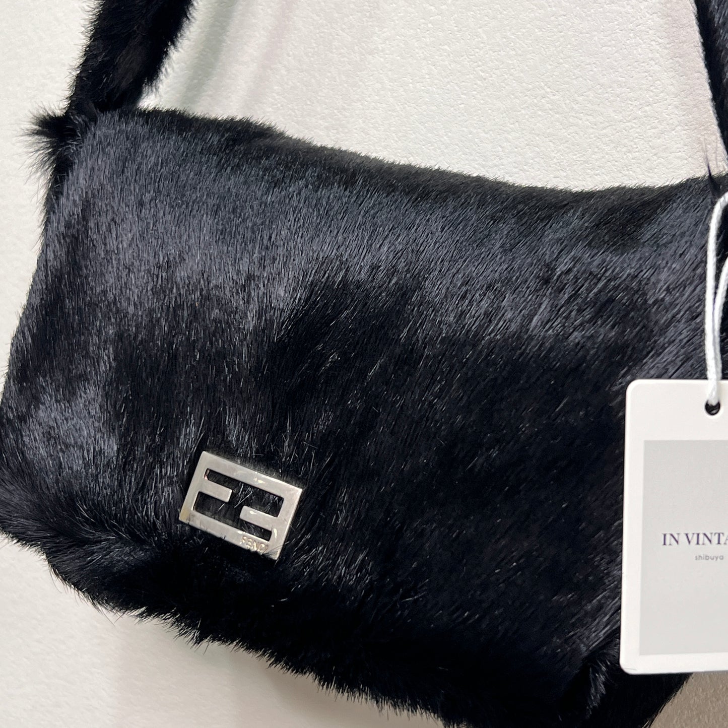 FENDI Baguette Black Faux Fur Shoulder Bag