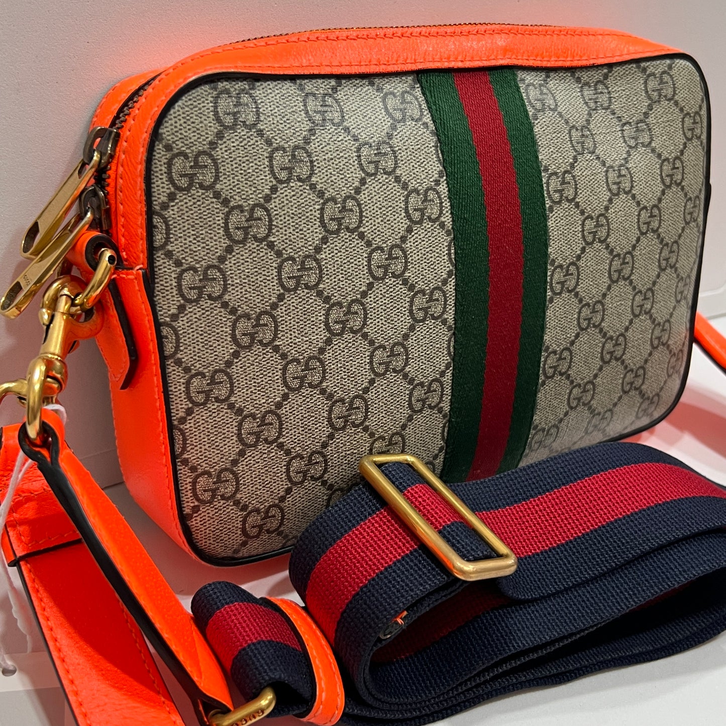 GUCCI GG Supreme Monogram Textured Dollar Calfskin Web Ophidia Wristlet Shoulder Bag Beige Ebony Orange