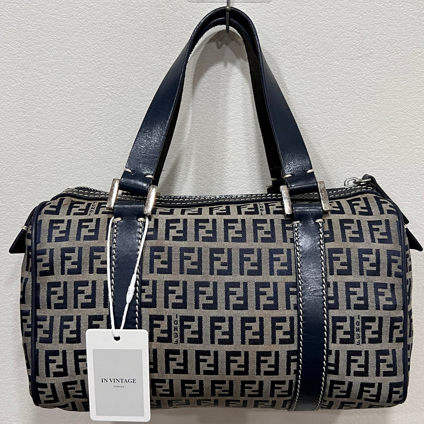 FENDI Zuccino Navy Blue Silver Hardware Handbag 25cm