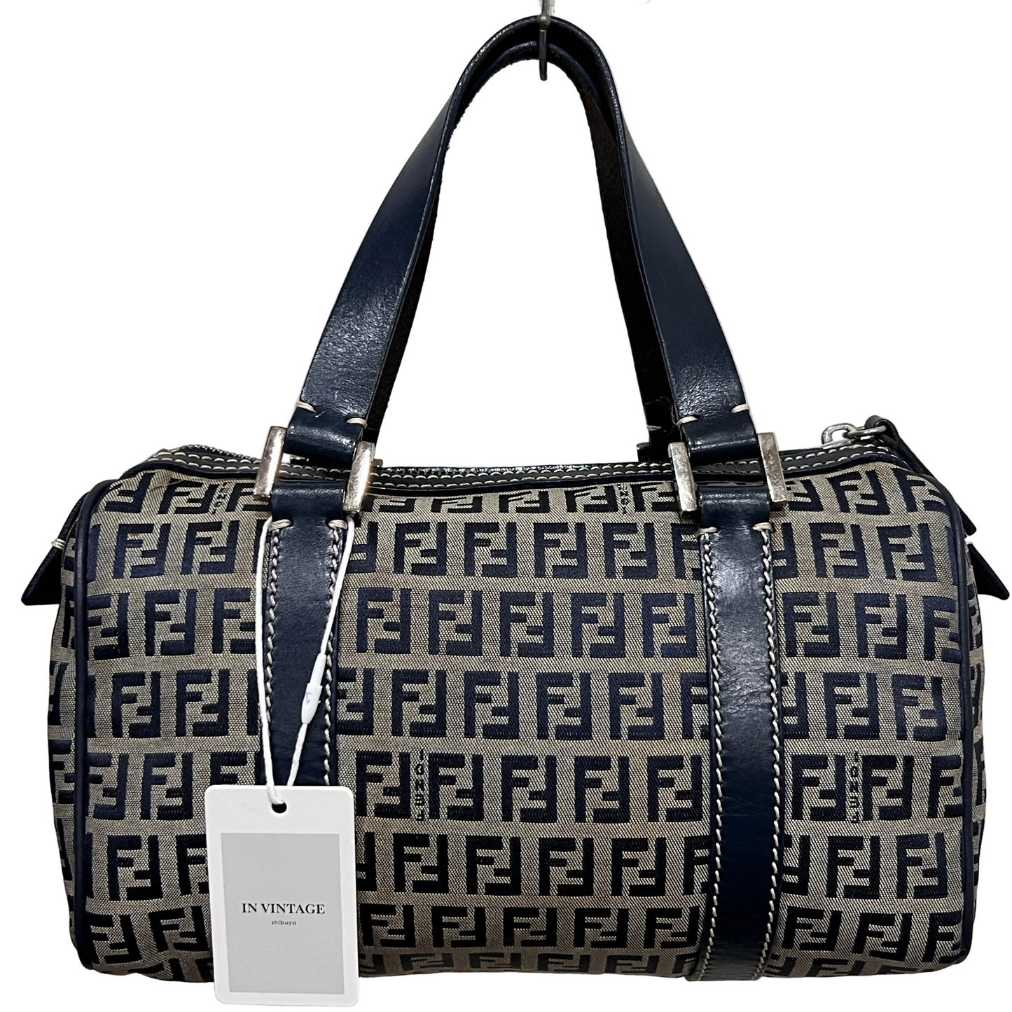 FENDI Zuccino Navy Blue Silver Hardware Handbag 25cm