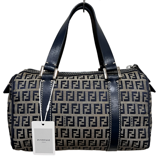 FENDI Zuccino Navy Blue Silver Hardware Handbag 25cm