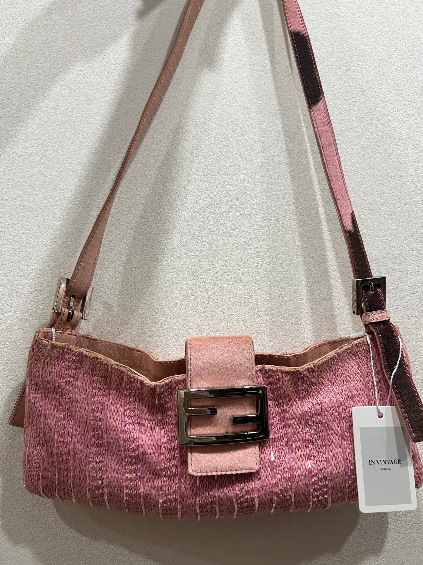 FENDI Pink Beaded Baguette Shoulder Bag