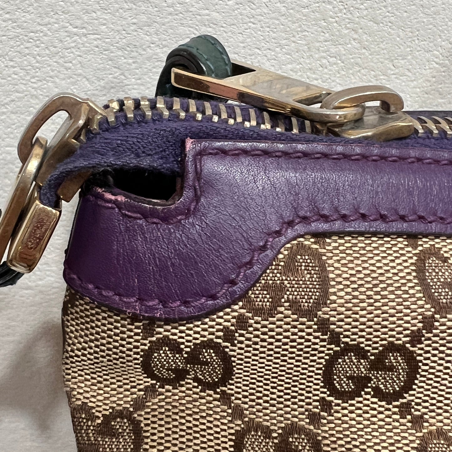 GUCCI GG Canvas Tote Bag Purple Trim and Leather Tassel Charm