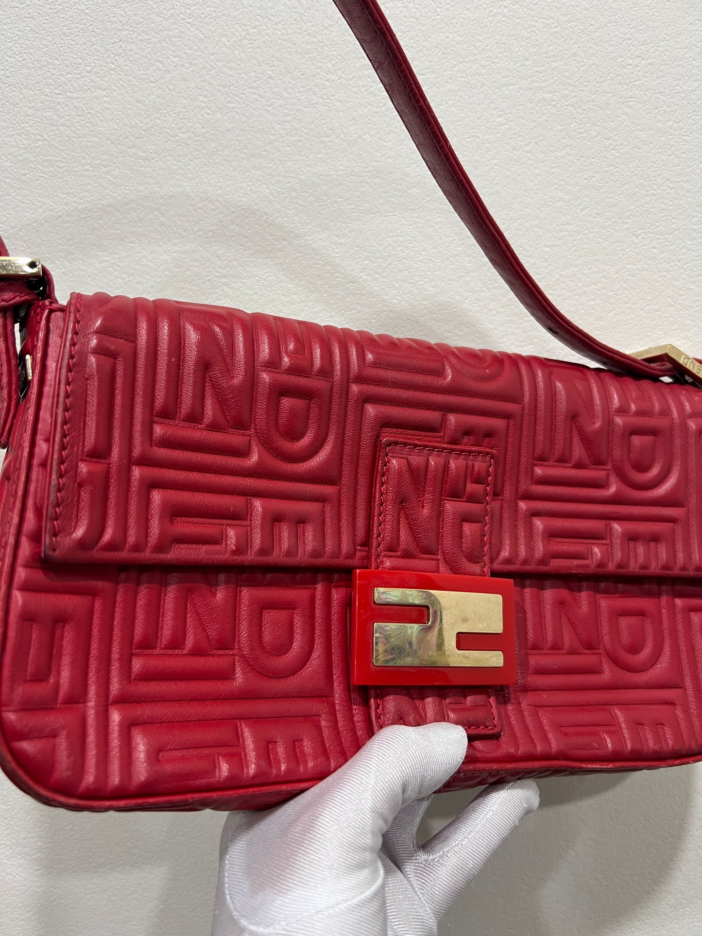 FENDI Baguette 1997 Red embossed Nappa Leather