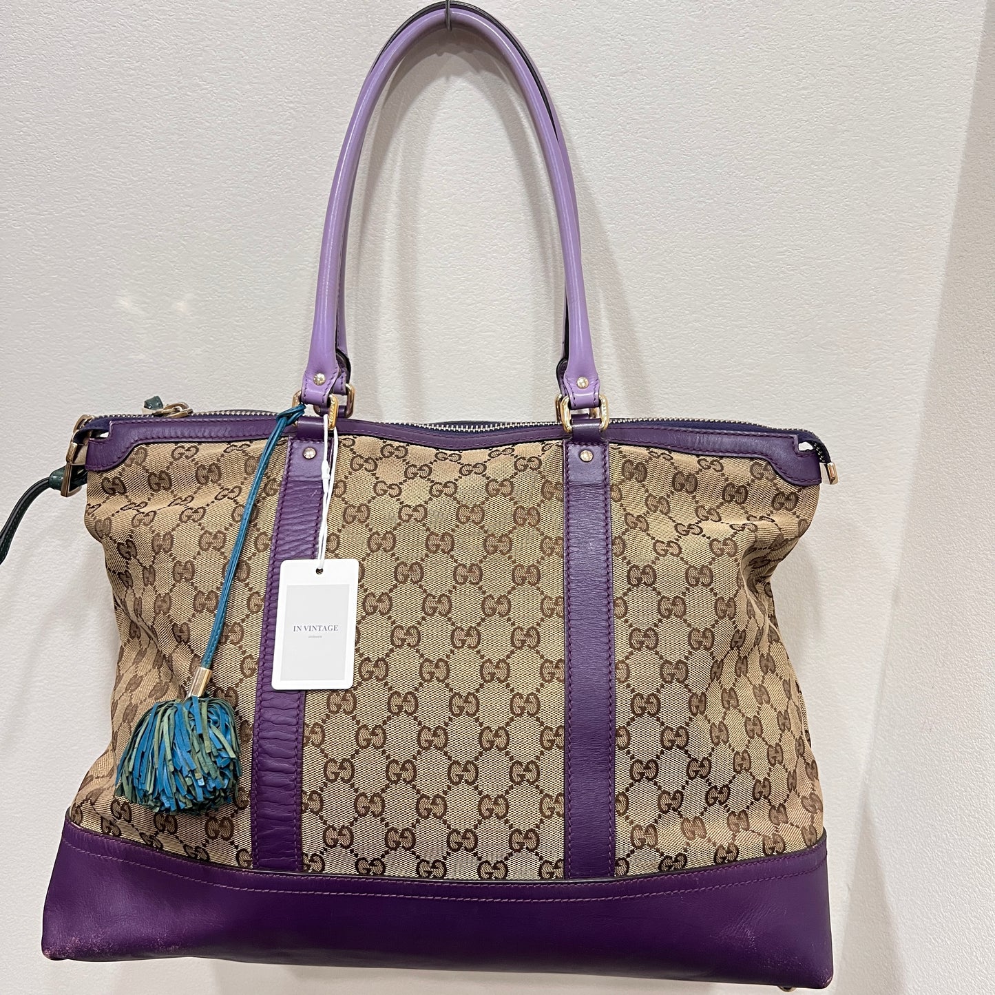 GUCCI GG Canvas Tote Bag Purple Trim and Leather Tassel Charm