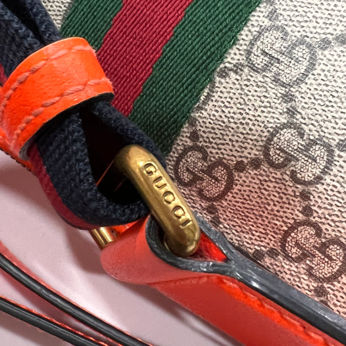 GUCCI GG Supreme Monogram Textured Dollar Calfskin Web Ophidia Wristlet Shoulder Bag Beige Ebony Orange