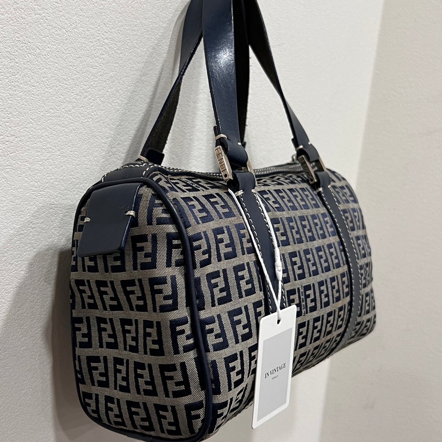 FENDI Zuccino Navy Blue Silver Hardware Handbag 25cm