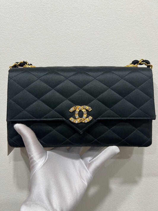 CHANEL Vintage Satin Crystal Embellished Pointed Flap Gold Chain Year 1986-1988