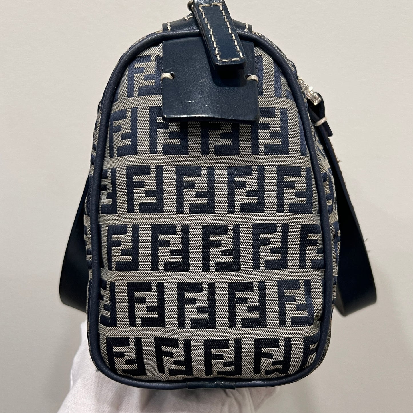 FENDI Zuccino Navy Blue Silver Hardware Handbag 25cm