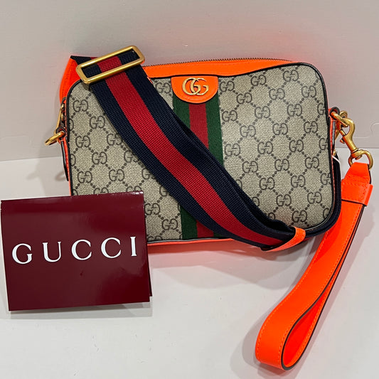 GUCCI GG Supreme Monogram Textured Dollar Calfskin Web Ophidia Wristlet Shoulder Bag Beige Ebony Orange