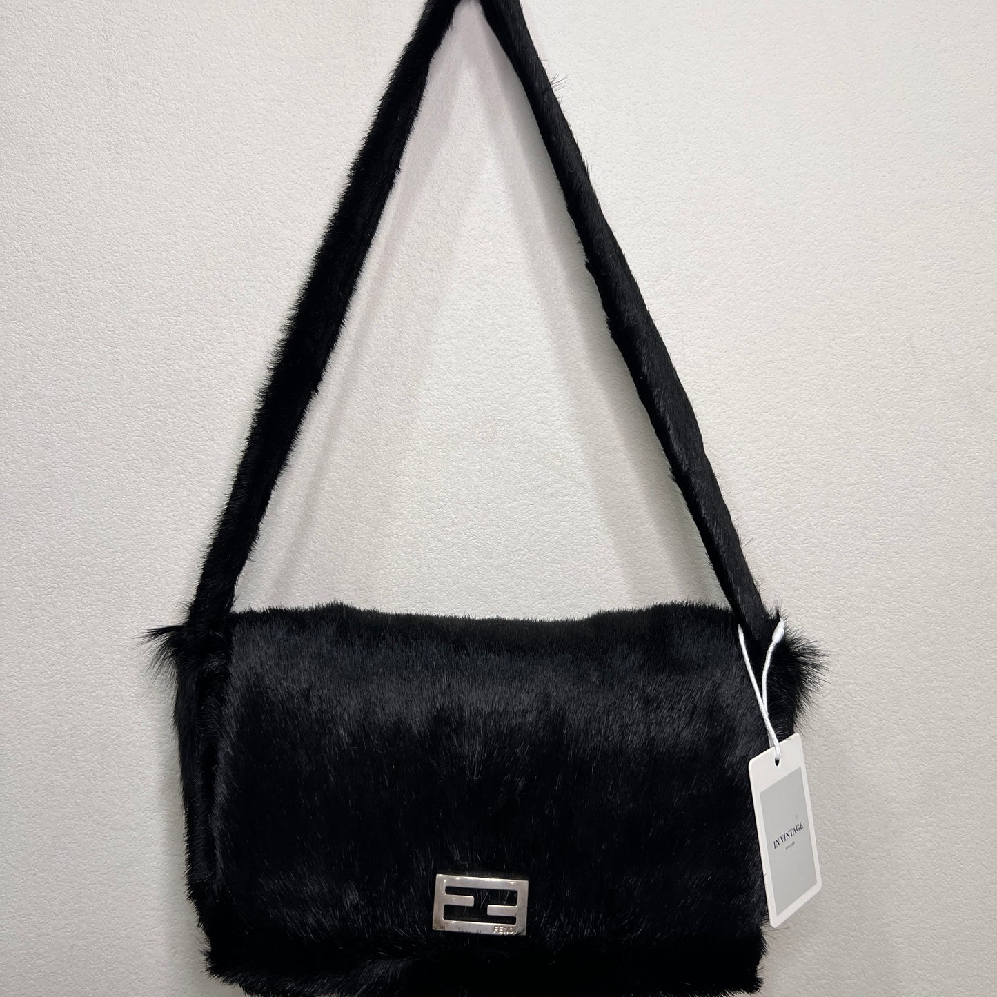 FENDI Baguette Black Faux Fur Shoulder Bag
