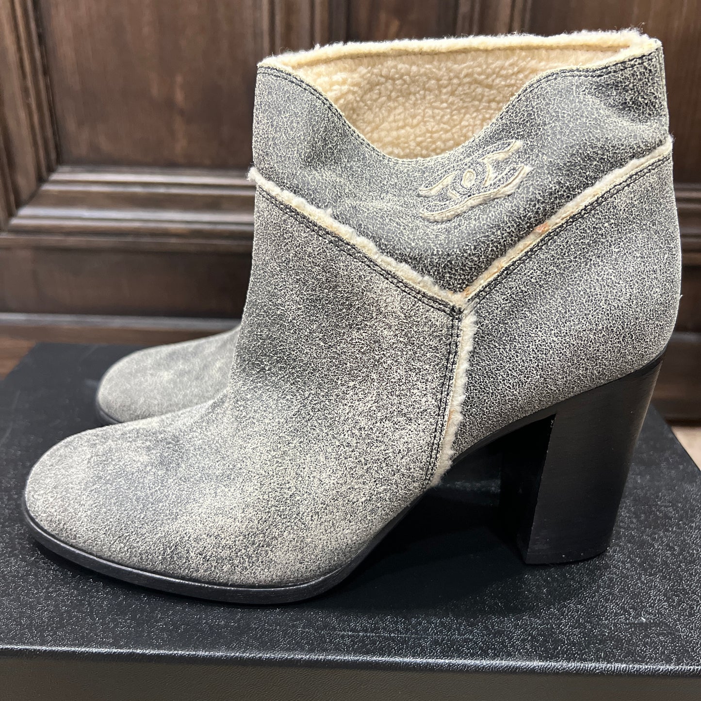 CHANEL Suade Calf Skin CC Ankle Boots Grey Leather Size 38