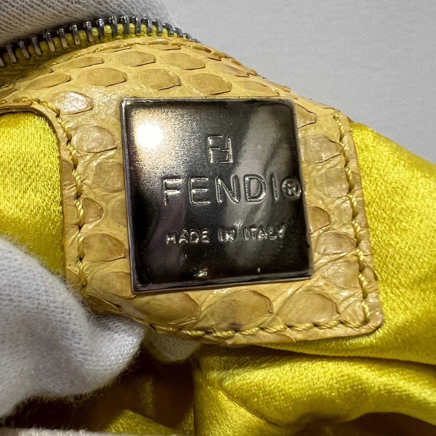 FENDI White Denim & Snakeskin Baguette