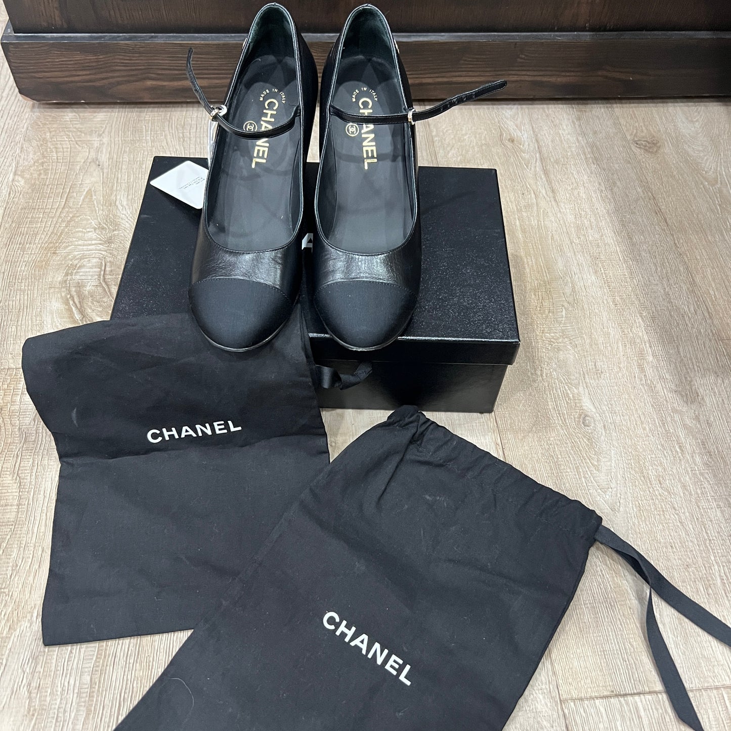 CHANEL Mary Jane Platform Block Heels Size 38 1/2