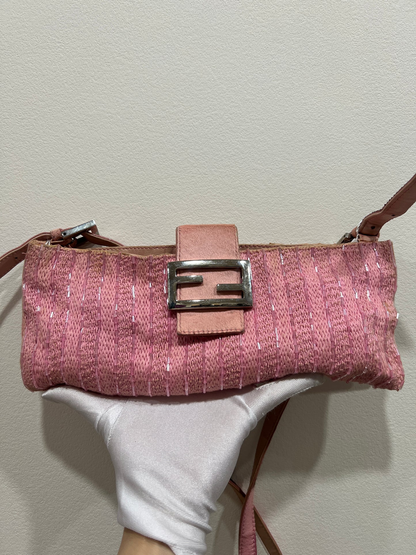 FENDI Pink Beaded Baguette Shoulder Bag