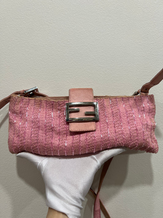 FENDI Pink Beaded Baguette Shoulder Bag