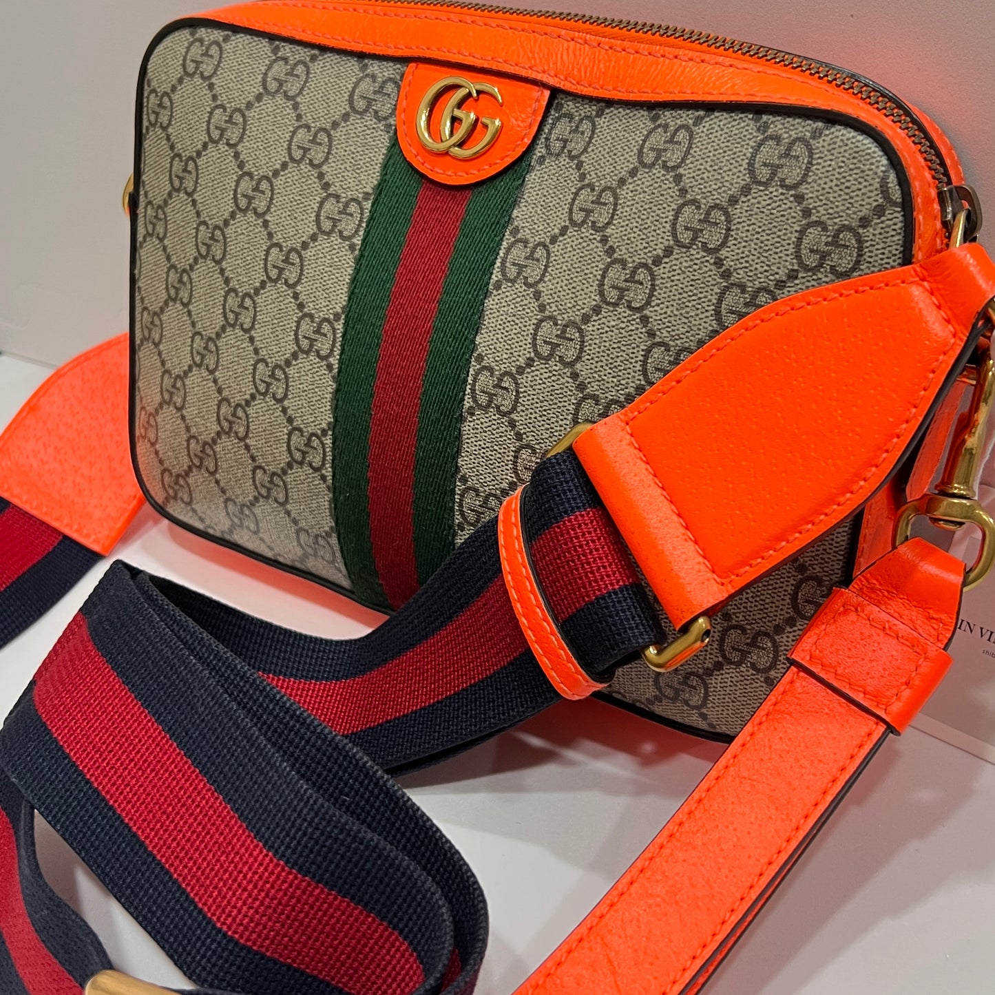 GUCCI GG Supreme Monogram Textured Dollar Calfskin Web Ophidia Wristlet Shoulder Bag Beige Ebony Orange