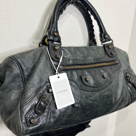 BALENCIAGA Anthracite Leather Motorcycle Twiggy Bag