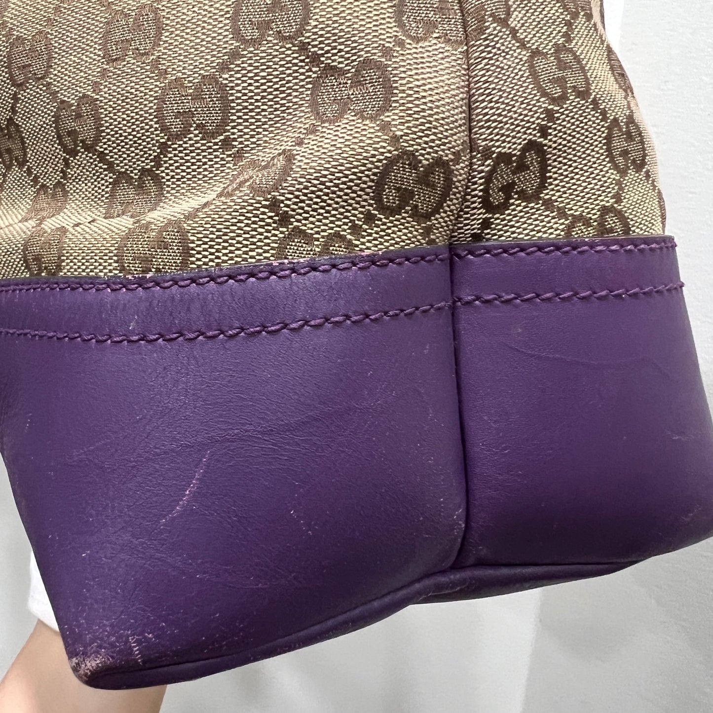 GUCCI GG Canvas Tote Bag Purple Trim and Leather Tassel Charm
