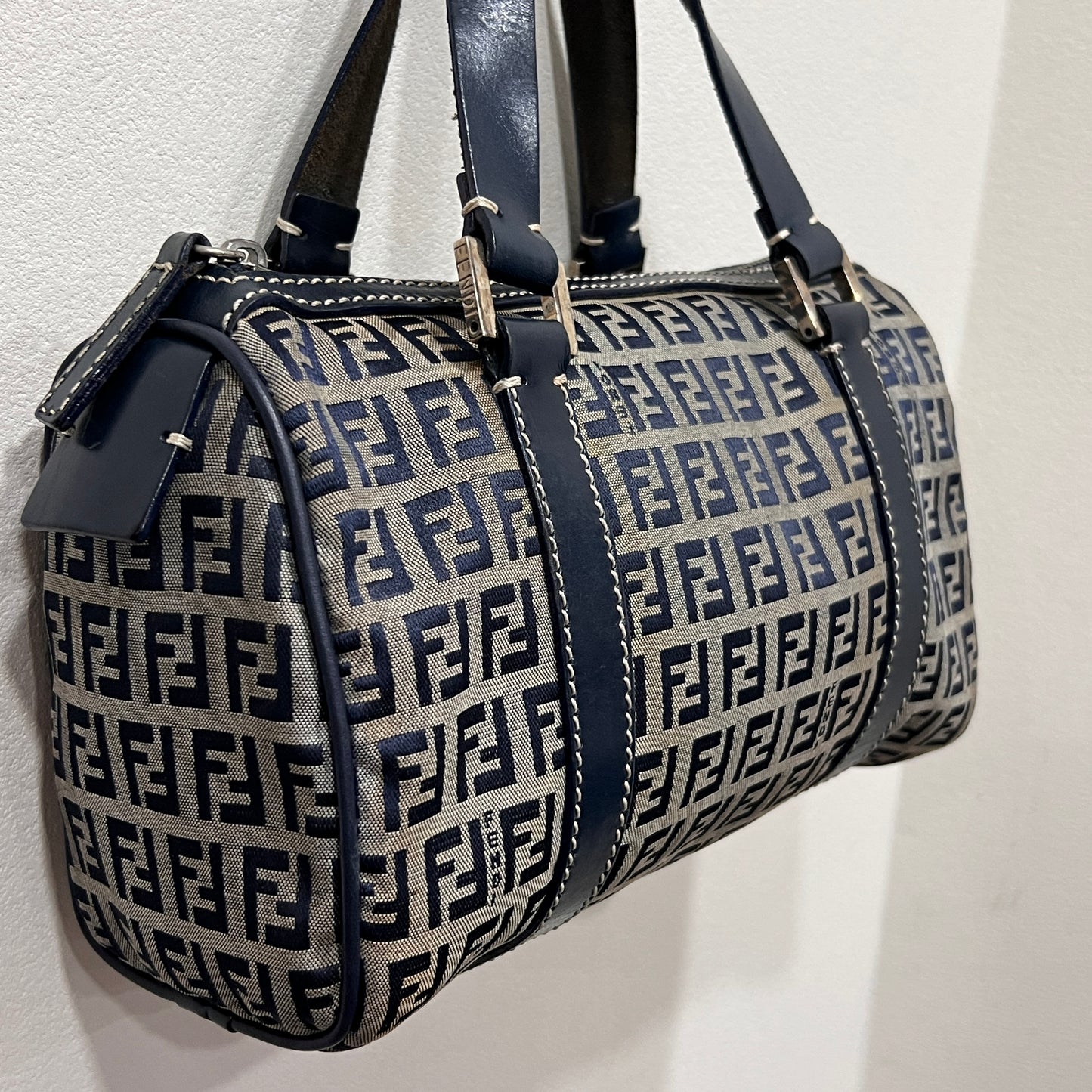 FENDI Zuccino Navy Blue Silver Hardware Handbag 25cm