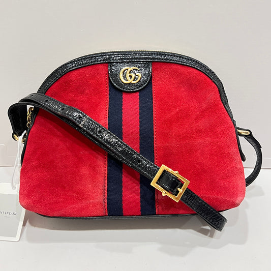 GUCCI Ophidia GG Suede Half-Moon Shoulder Bag RED