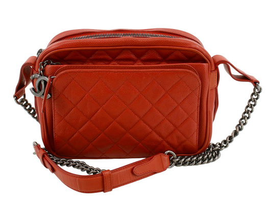 CHANEL Red Caviar Leather Camera Chain Bag