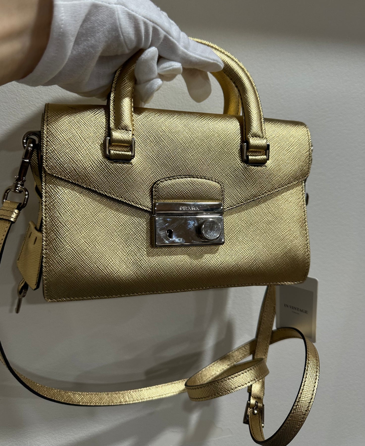 Prada Gold Saffiano Leather Mini Flap