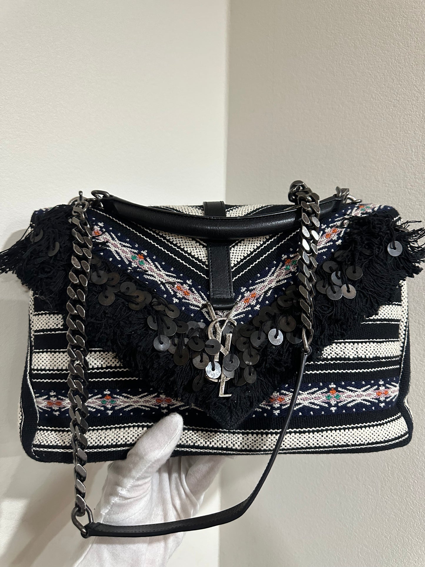 YSL COLLEGE BERBER CLOTH BLACK WHITE CHEVRON SHOULDER BAG (6732985)