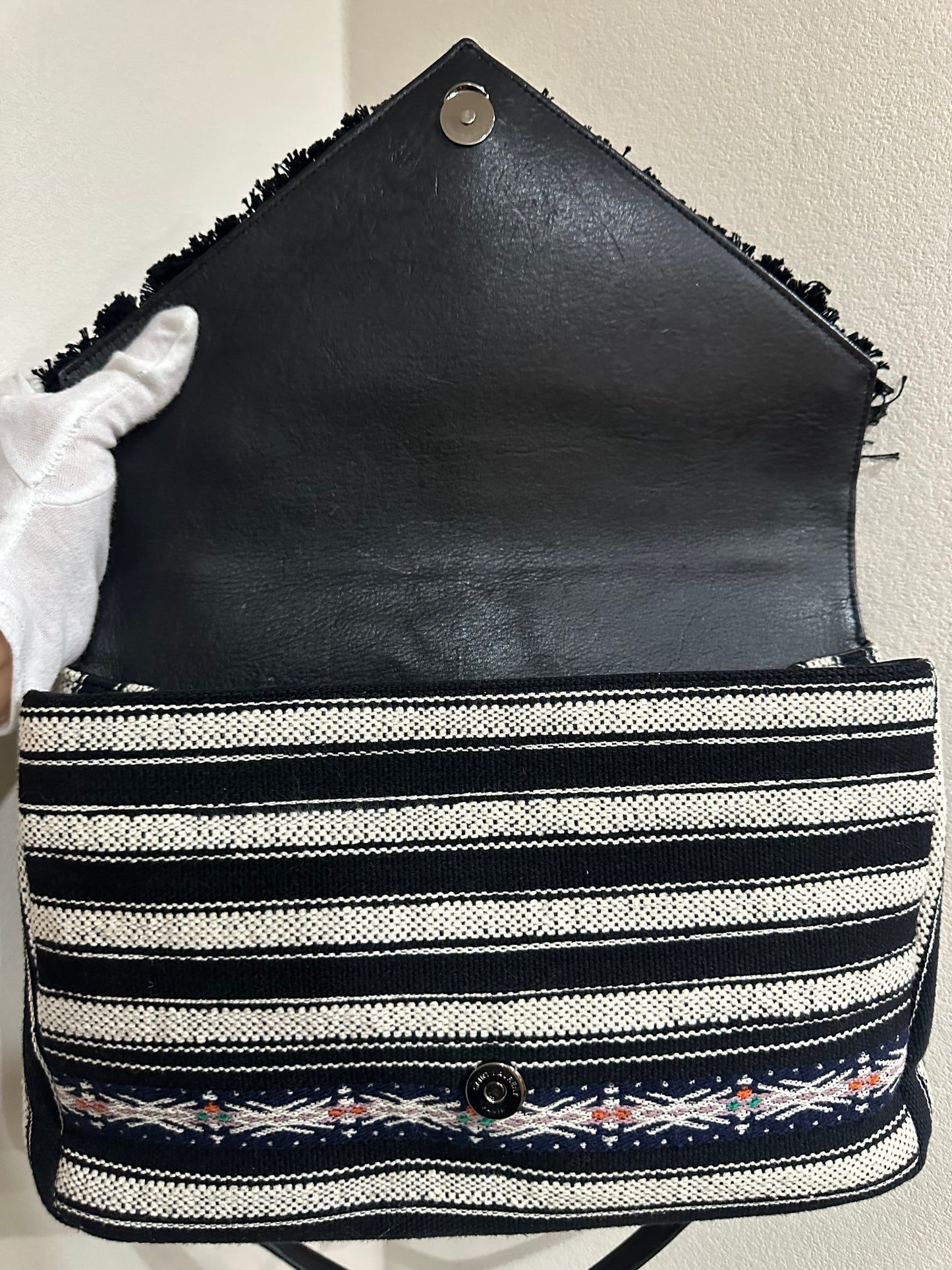 YSL COLLEGE BERBER CLOTH BLACK WHITE CHEVRON SHOULDER BAG (6732985)