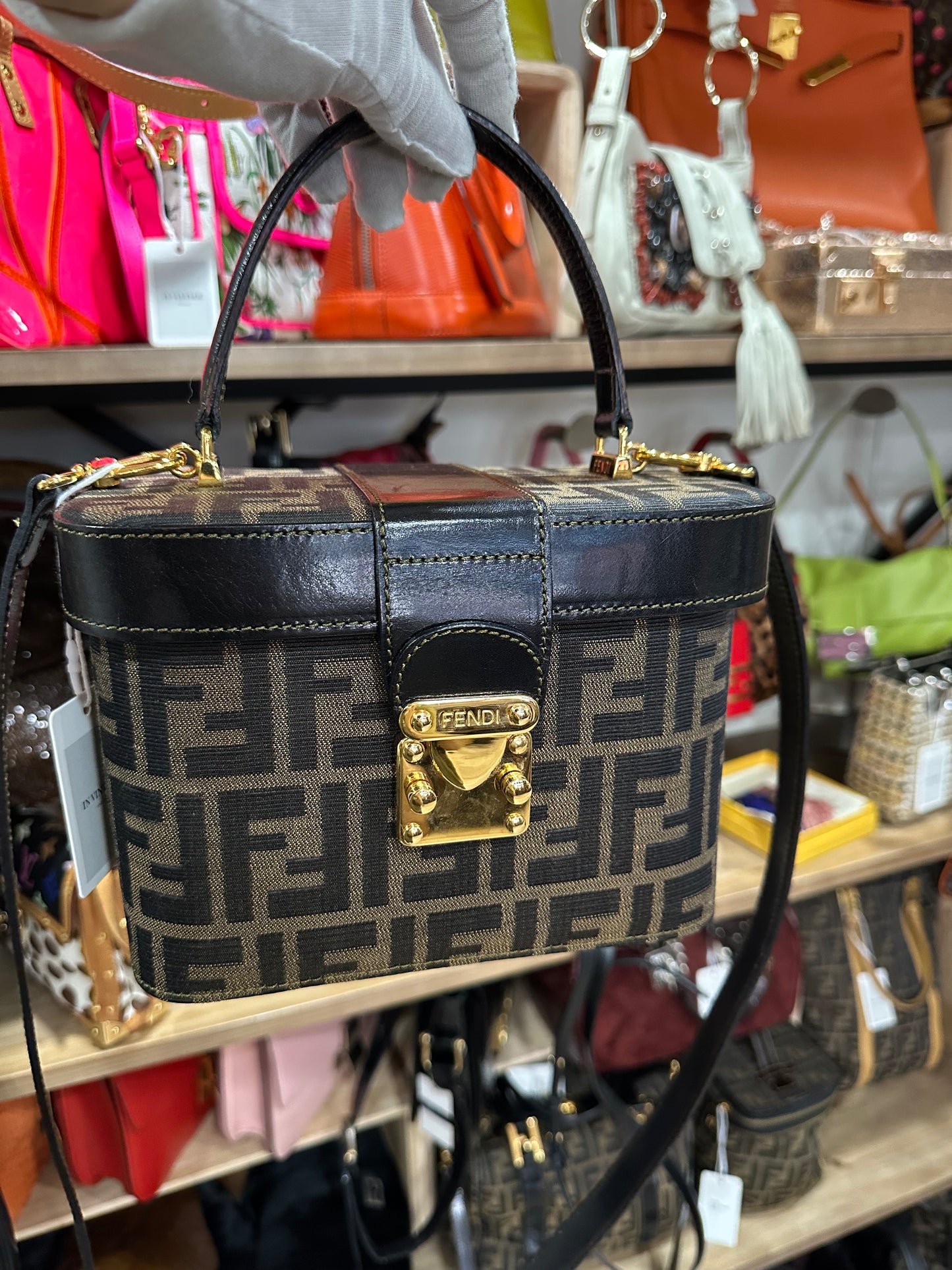 Fendi Zucca pattern canvas and leather vanity shoulder bag