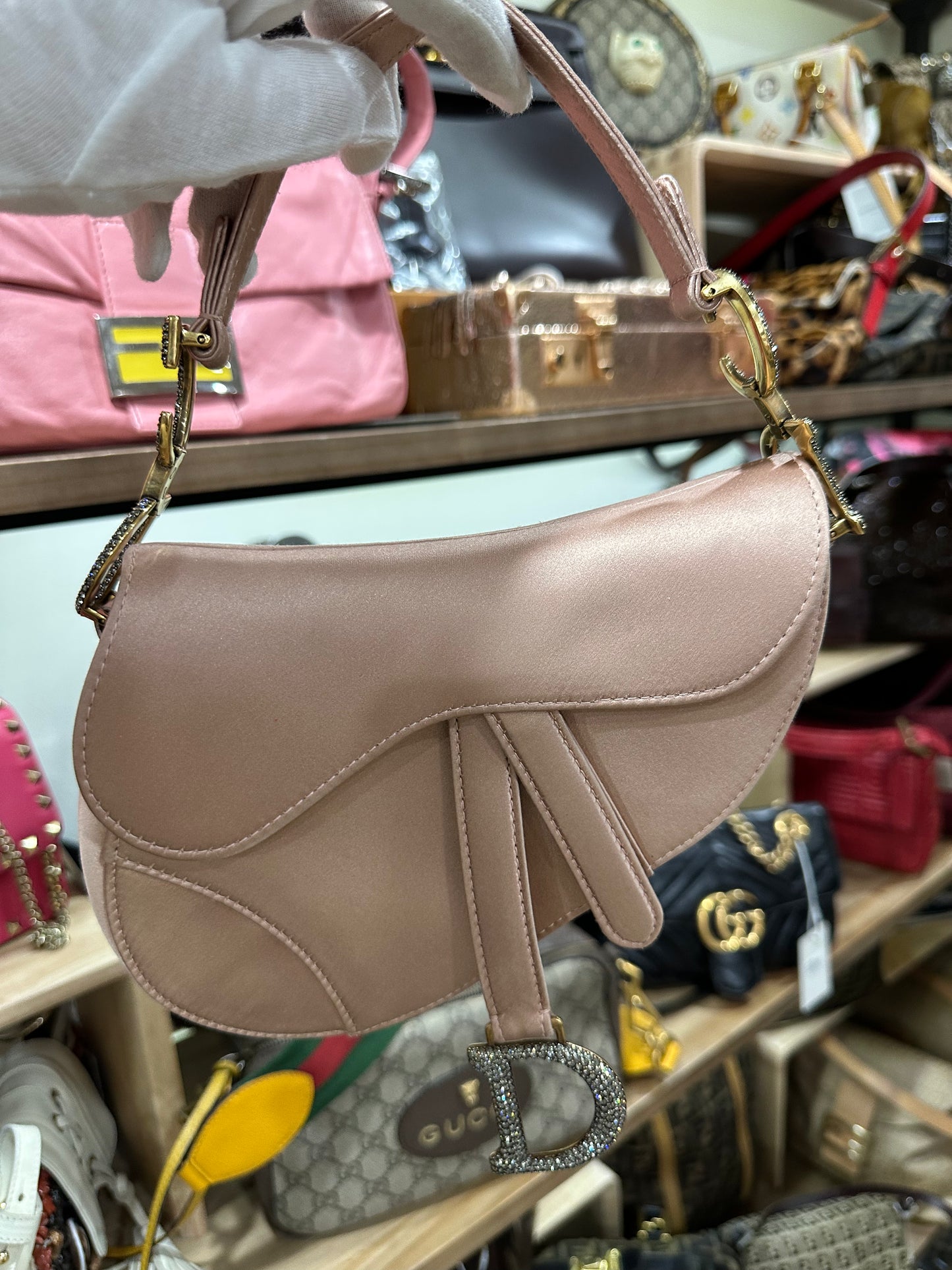 DIOR Saddle Mini Silk Pink with Crystal Buckle