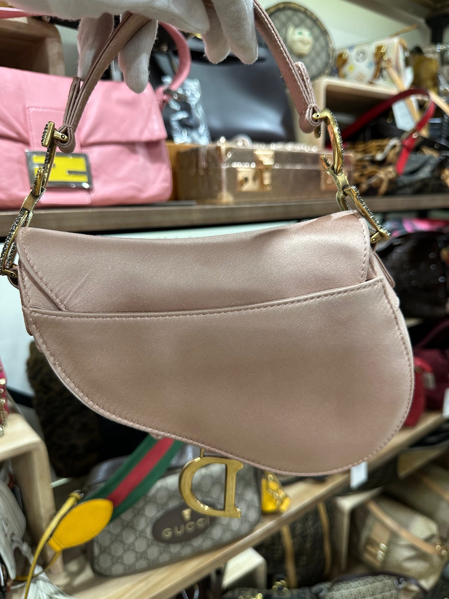 DIOR Saddle Mini Silk Pink with Crystal Buckle